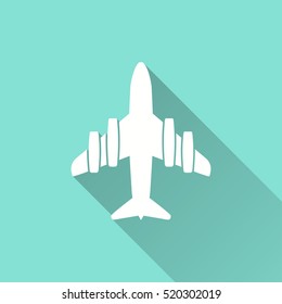 Airplane vector icon with long shadow. White illustration isolated on green background for graphic and web design.