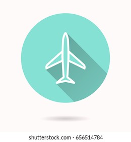Airplane vector icon with long shadow. White illustration for graphic and web design. Circle buttons.
