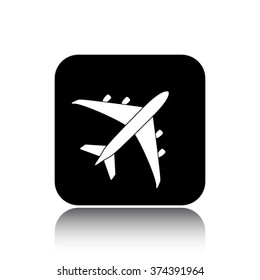 airplane vector icon on black button with reflection
