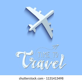 Airplane Vector Icon on Blue Background. Flat Lay Aircraft Concept. Time to Travel Lettering. Hand drawn vector Illustration. Travel and Transportation Minimal Illustration.