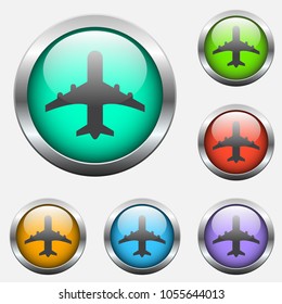 airplane vector icon on color glass buttons