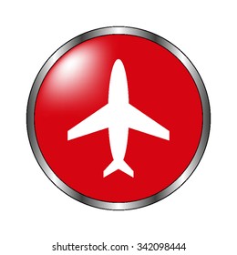 Airplane - vector icon on the  red button