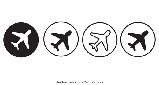 Airplane vector icon set in black and blue colors. Plane icons set in flat filled style. Transportation and travel symbol.