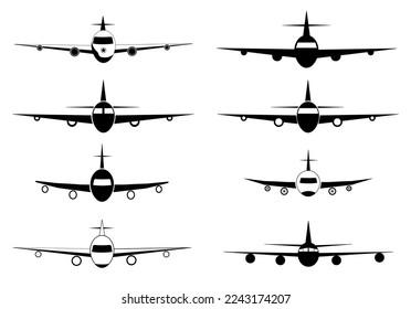 Airplane vector icon. Icon set. Flight transport symbol. Travel illustration. Flying up airplane icon. Vector illustration. Airplane in sky. Flying civil aircraft transport