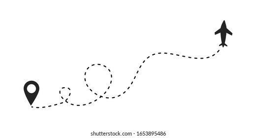 Icono vectorial del avión con punto inicial.	