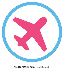 Airplane vector icon. Style is bicolor flat circled symbol, pink and blue colors, rounded angles, white background.