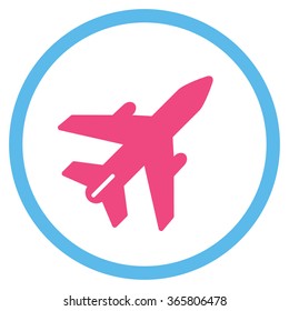 Airplane vector icon. Style is bicolor flat circled symbol, pink and blue colors, rounded angles, white background.
