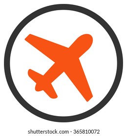 Airplane vector icon. Style is bicolor flat circled symbol, orange and gray colors, rounded angles, white background.