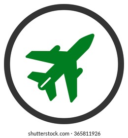 Airplane vector icon. Style is bicolor flat circled symbol, green and gray colors, rounded angles, white background.