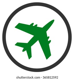 Airplane vector icon. Style is bicolor flat circled symbol, green and gray colors, rounded angles, white background.