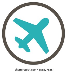 Airplane vector icon. Style is bicolor flat circled symbol, grey and cyan colors, rounded angles, white background.