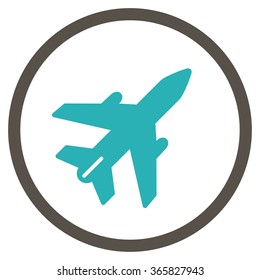 Airplane vector icon. Style is bicolor flat circled symbol, grey and cyan colors, rounded angles, white background.