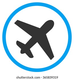 Airplane vector icon. Style is bicolor flat circled symbol, blue and gray colors, rounded angles, white background.