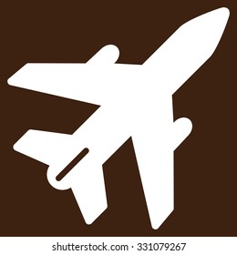 Airplane vector icon. Style is flat white symbol, rounded angles, brown background.