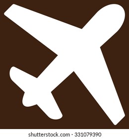 Airplane vector icon. Style is flat white symbol, rounded angles, brown background.