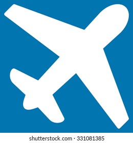 Airplane vector icon. Style is flat white symbol, rounded angles, blue background.