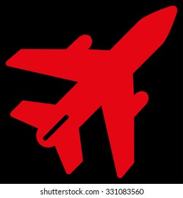 Airplane vector icon. Style is flat red symbol, rounded angles, black background.