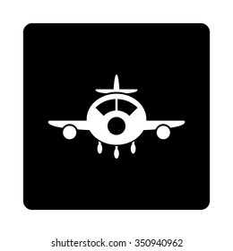 Airplane vector icon. Style is flat rounded square button, white and black colors, white background.