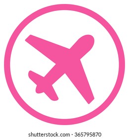 Airplane vector icon. Style is flat circled symbol, pink color, rounded angles, white background.