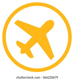 Airplane vector icon. Style is flat circled symbol, yellow color, rounded angles, white background.