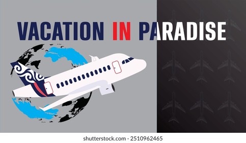 Airplane vector icon vaction in the paradise. Aircraft clip art icon with world map in blue and black. Airplanes simple vector illustration. World map..