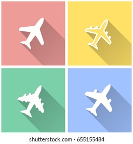 Airplane vector icons with long shadow. White illustration isolated on color background for graphic and web design.