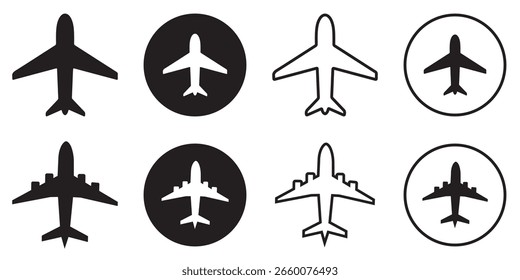 Conjunto de iconos vectoriales de avión: símbolos de aviación de estilo plano y de línea para conceptos de viaje y vuelo	