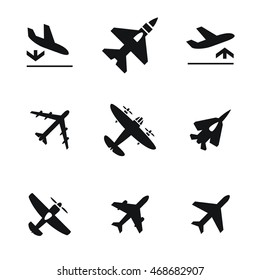 Airplane vector icons. Simple illustration set of 9 airplane elements, editable icons, can be used in logo, UI and web design