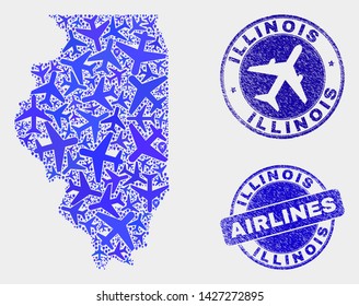 Airplane vector Illinois State map mosaic and scratched seals. Abstract Illinois State map is designed of blue flat random airlines symbols and map locations. Flight scheme in blue colors,