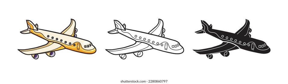 Airplane vector illustration in color, outline, and black and white style. Flat cartoon graphics. Traveling around the world art. 