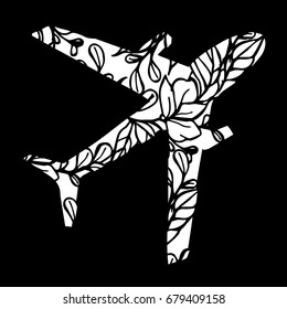 Airplane vector illustration on black background. Doodle style. Design icon, print, logo, poster, symbol, decor, textile, paper, card. 