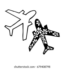 Airplane vector illustration on white background. Doodle style. Design icon, print, logo, poster, symbol, decor, textile, paper, card. 