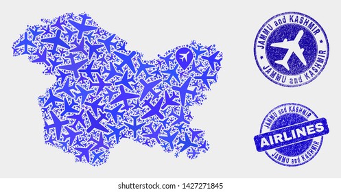Airplane vector Jammu and Kashmir State map composition and scratched seals. Abstract Jammu and Kashmir State map is organized with blue flat scattered airplane symbols and map pointers.