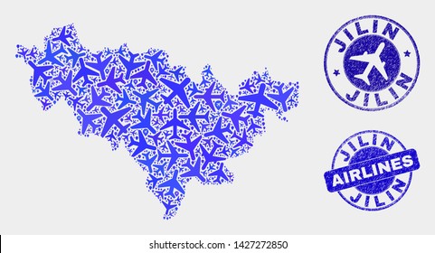 Airplane vector Jilin Province map mosaic and scratched seals. Abstract Jilin Province map is created of blue flat randomized airplane symbols and map markers. Delivery plan in blue colors,