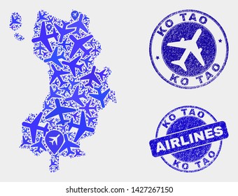 Airplane vector Ko Tao map collage and grunge watermarks. Abstract Ko Tao map is created with blue flat scattered airline symbols and map pointers. Flight plan in blue colors, and rounded watermarks.