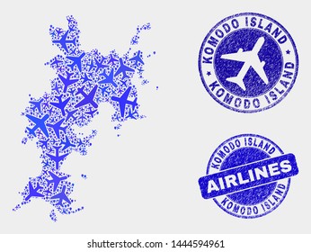 Airplane vector Komodo Island map mosaic and scratched seals. Abstract Komodo Island map is constructed with blue flat random airlines symbols and map locations. Flight plan in blue colors,