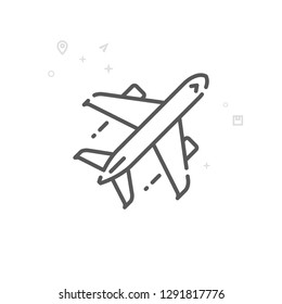 Airplane Vector Line Icon. Air Freight, Aircraft Symbol, Pictogram, Sign. Light Abstract Geometric Background. Editable Stroke. Adjust Line Weight. Design with Pixel Perfection.