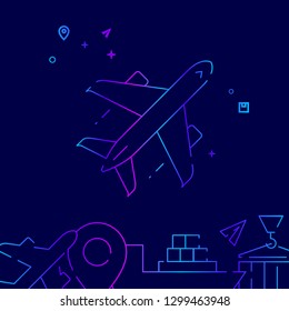 Airplane Vector Line Icon. Air Freight, Aircraft Gradient Symbol, Pictogram, Sign. Dark Blue Background. Light Abstract Geometric Background. Related Bottom Border