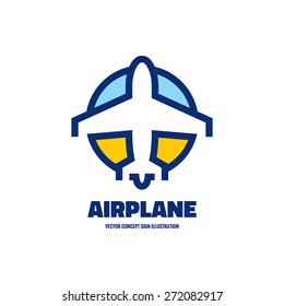 Airplane - vector logo template concept illustration. Aircraft sign for transportation or travel company. Line artwork. Design elements.