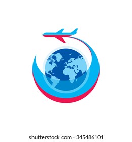 Airplane - vector logo template concept illustration. Aircraft silhouette, globe and stripes. Creative sign for transportation or travel company. Design elements.