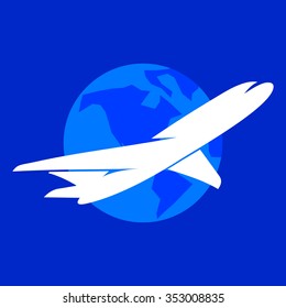 Airplane vector logo template. Symbols of flying plane and the Earth.