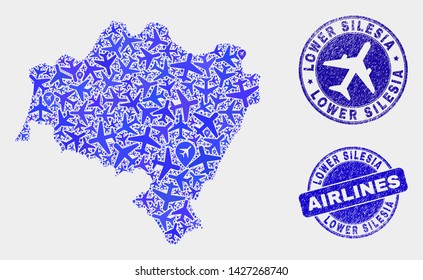 Airplane vector Lower Silesian Voivodeship map mosaic and grunge seals. Abstract Lower Silesian Voivodeship map is done of blue flat scattered airplane symbols and map markers.
