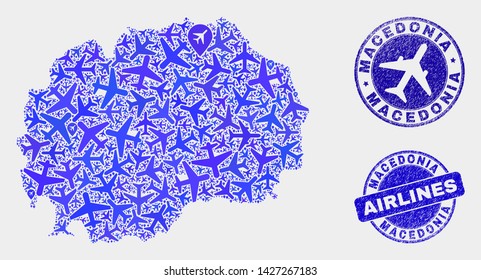 Airplane vector Macedonia map mosaic and grunge stamps. Abstract Macedonia map is composed with blue flat scattered airplane symbols and map markers. Tourism plan in blue colors,