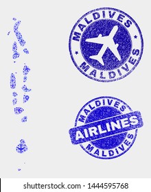 Airplane vector Maldives map mosaic and grunge seals. Abstract Maldives map is created from blue flat random airplane symbols and map markers. Flight plan in blue colors, and rounded watermarks.