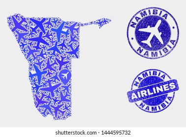 Airplane vector Namibia map mosaic and scratched seals. Abstract Namibia map is formed with blue flat randomized airlines symbols and map pointers. Flight scheme in blue colors,