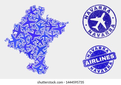 Airplane vector Navarra Province map mosaic and grunge stamps. Abstract Navarra Province map is formed of blue flat randomized airplane symbols and map pointers. Shipping plan in blue colors,