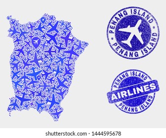 Airplane vector Penang Island map composition and grunge watermarks. Abstract Penang Island map is organized with blue flat scattered airplane symbols and map markers. Delivery plan in blue colors,