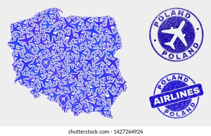 Airplane vector Poland map mosaic and grunge seals. Abstract Poland map is formed with blue flat random airplane symbols and map markers. Shipping scheme in blue colors, and rounded stamp seals.