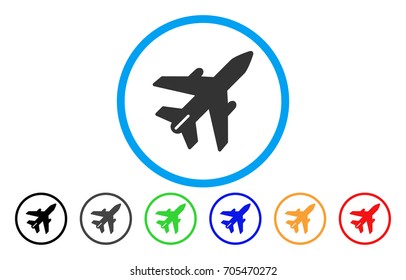 Airplane vector rounded icon. Image style is a flat gray icon symbol inside a blue circle. Additional color variants are grey, black, blue, green, red, orange.