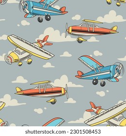 Airplane vector seamless pattern. Repeat pattern with aircraft illustrations.